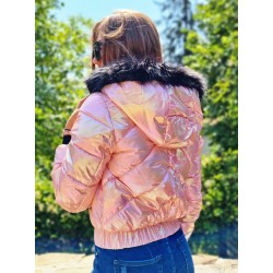 Дамско пухено яке с качулка, City Angels Jeans, Бледорозов лак, 6810